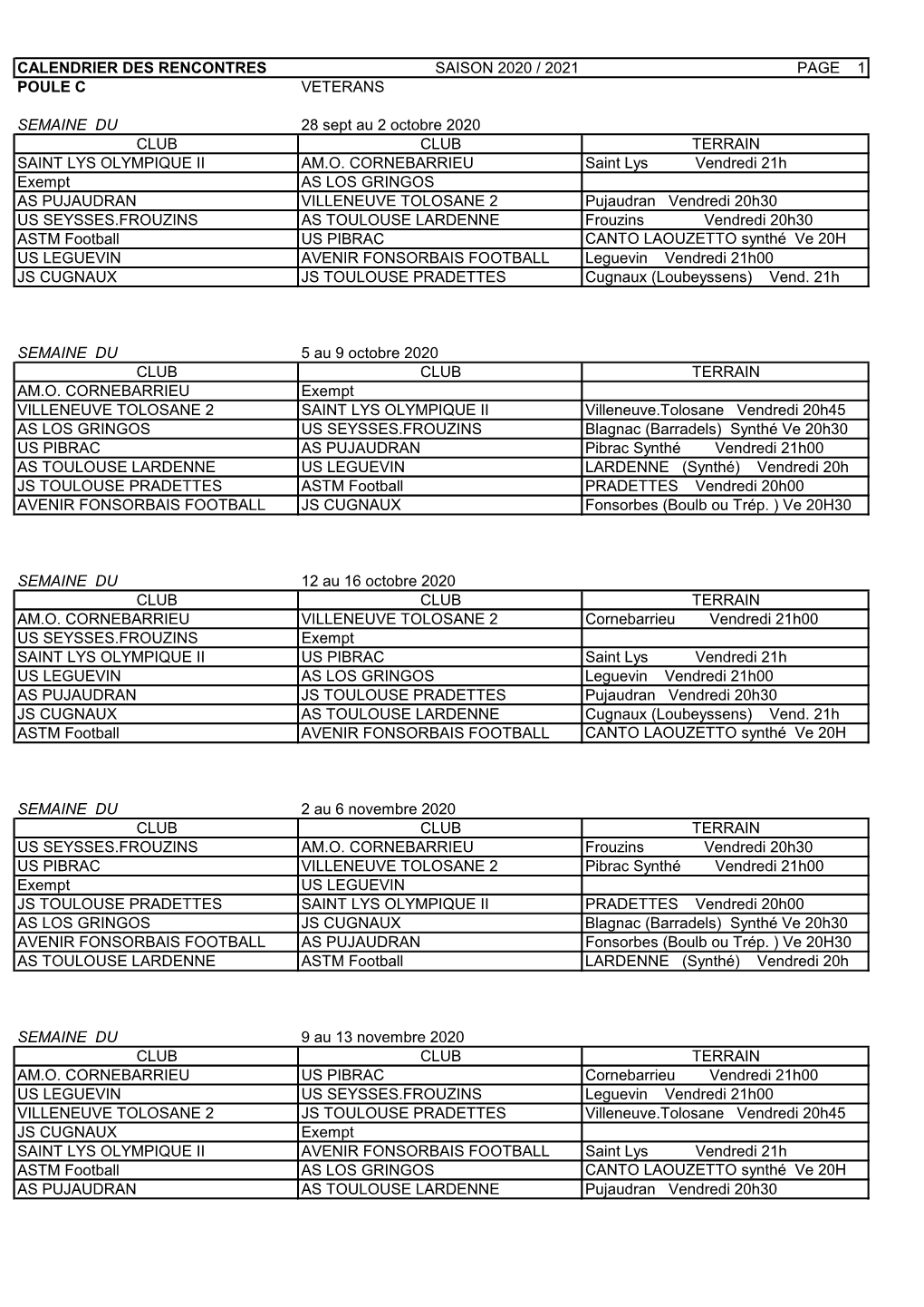 CALENDRIER DES RENCONTRES SAISON 2020 / 2021 PAGE 1 POULE C VETERANS SEMAINE DU 28 Sept Au 2 Octobre 2020 CLUB CLUB TERR