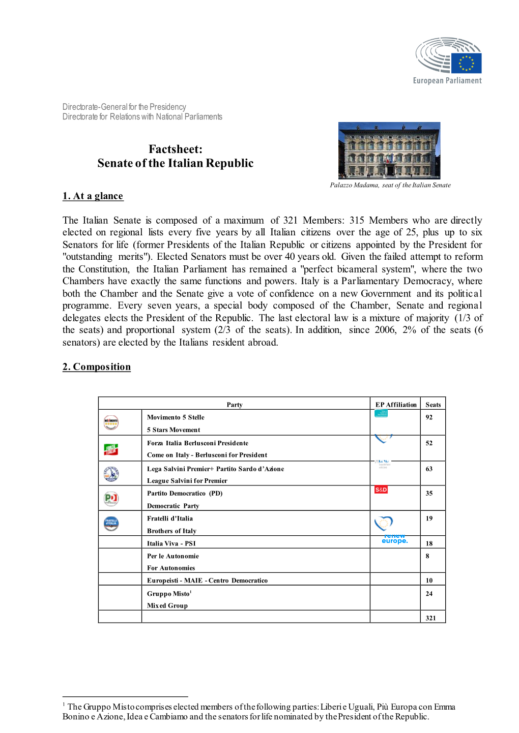 Factsheet: Senate of the Italian Republic