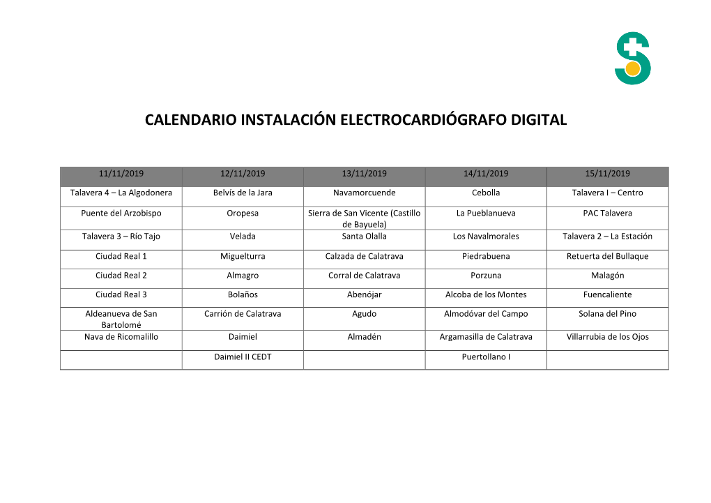 Calendario Instalación Electrocardiógrafo Digital