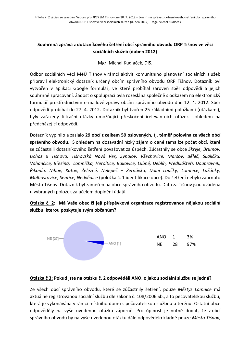 Souhrnná Zpráva Z Dotazníkového Šetření Obcí Správního Obvodu ORP Tišnov Ve Věci Sociálních Služeb (Duben 2012) – Mgr