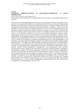 412-001 POLARONIC FERROMAGNETISM in POLY(3-HEXYLTHIOPHENE) at ROOM TEMPERATURE Paula, FR(1)