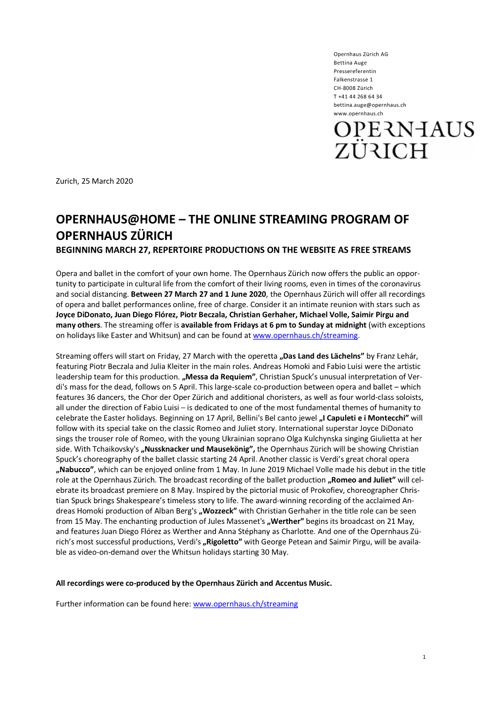 The Online Streaming Program of Opernhaus Zürich Beginning March 27, Repertoire Productions on the Website As Free Streams