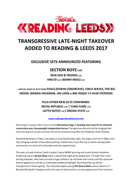 Transgressive Late-Night Takeover Added to Reading & Leeds 2017