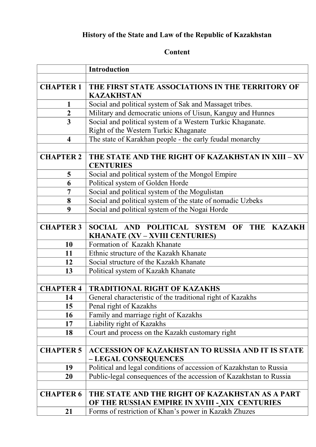 History of the State and Law of the Republic of Kazakhstan Content