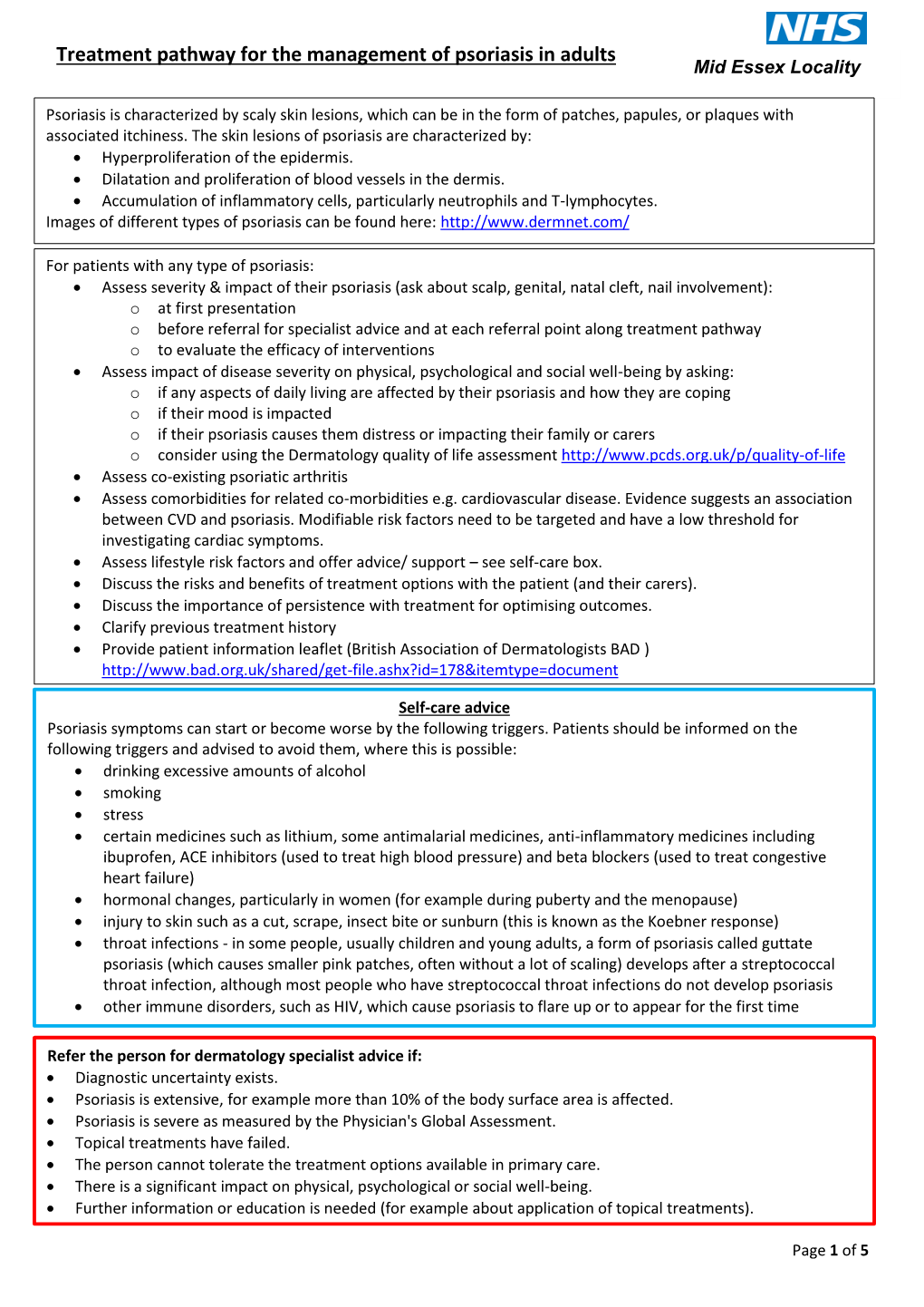 Treatment Pathway for the Management of Psoriasis in Adults Mid Essex Locality