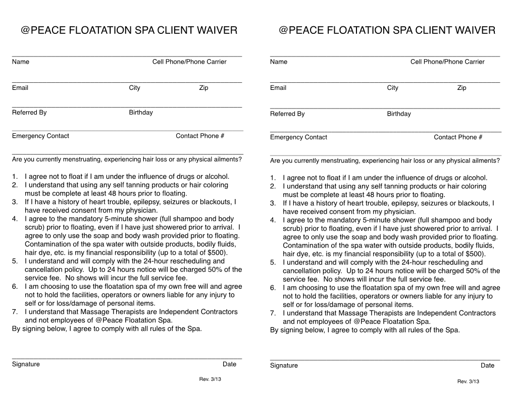 Peace Floatation Spa Client Waiver @Peace Floatation