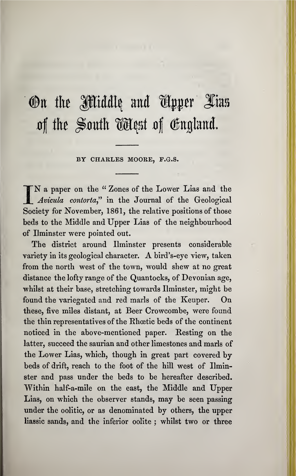 Moore, C, on the Middle and Upper Lias of the South West of England