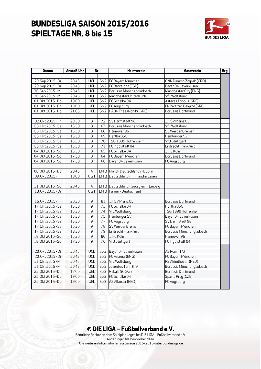 Bundesliga-Spielplan Saison 2015/2016