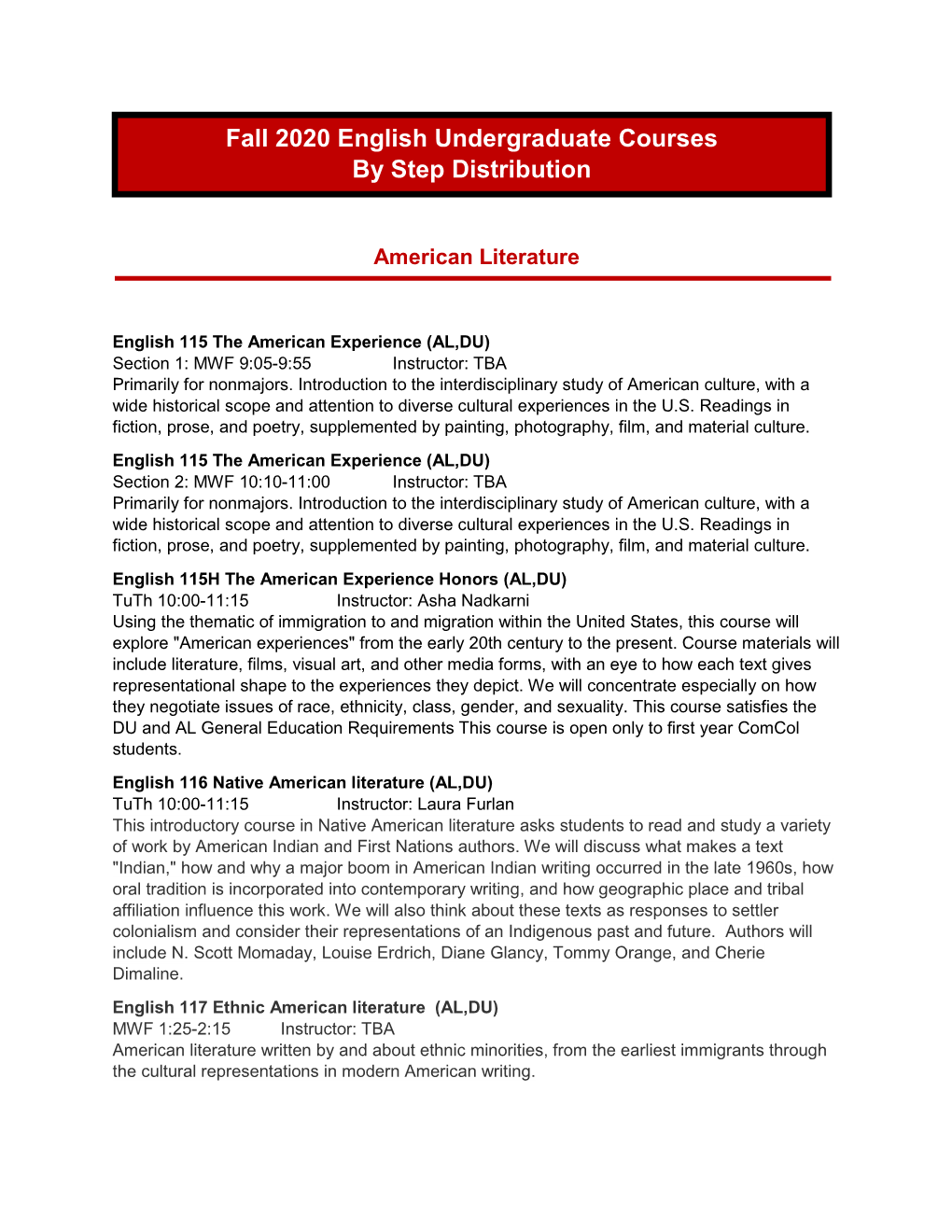 Fall 2020 English Undergraduate Courses by Step Distribution