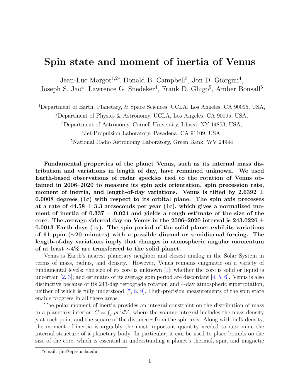 Spin State and Moment of Inertia of Venus