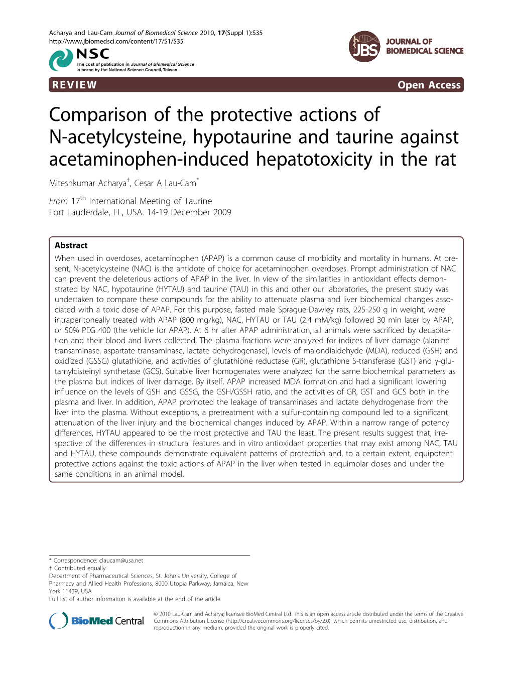 Comparison of the Protective Actions of N-Acetylcysteine, Hypotaurine