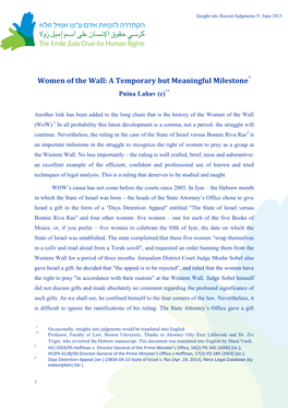 Women of the Wall: a Temporary but Meaningful Milestone* Pnina Lahav (C)**