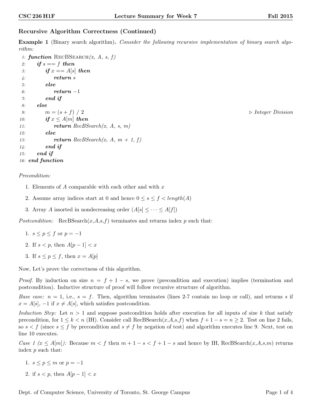 Recursive Algorithm Correctness (Continued) Example 1 (Binary Search Algorithm)