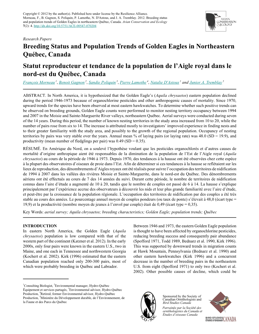 Breeding Status and Population Trends of Golden Eagles in Northeastern Québec, Canada
