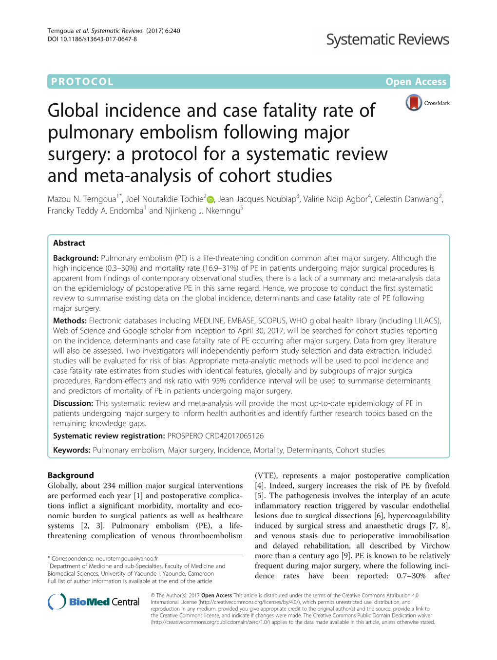 Global Incidence and Case Fatality Rate of Pulmonary Embolism Following Major Surgery: a Protocol for a Systematic Review and Meta-Analysis of Cohort Studies Mazou N