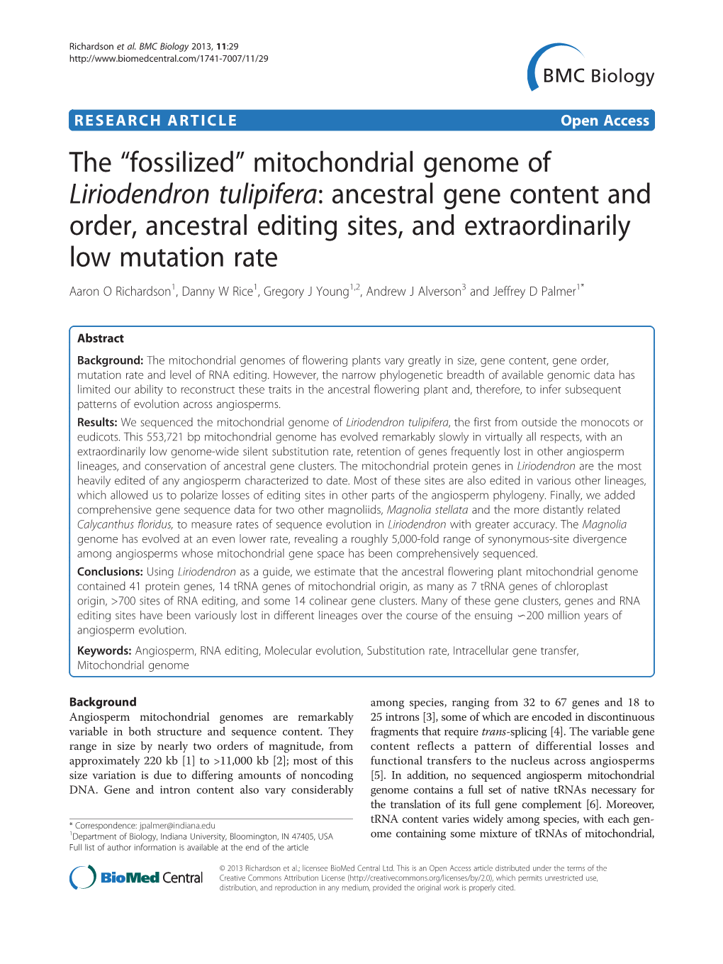 Mitochondrial Genome of Liriodendron Tulipifera: Ancestral Gene Content