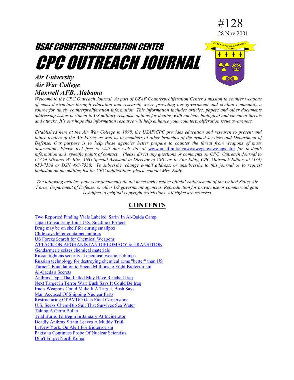 USAF Counterproliferation Center CPC Outreach Journal #128