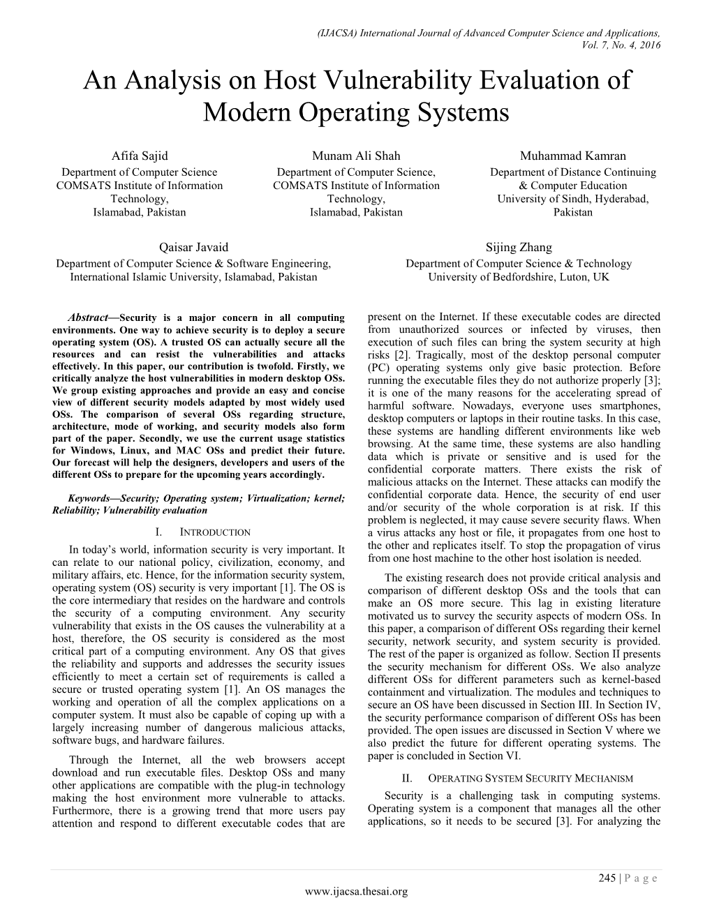 An Analysis on Host Vulnerability Evaluation of Modern Operating Systems