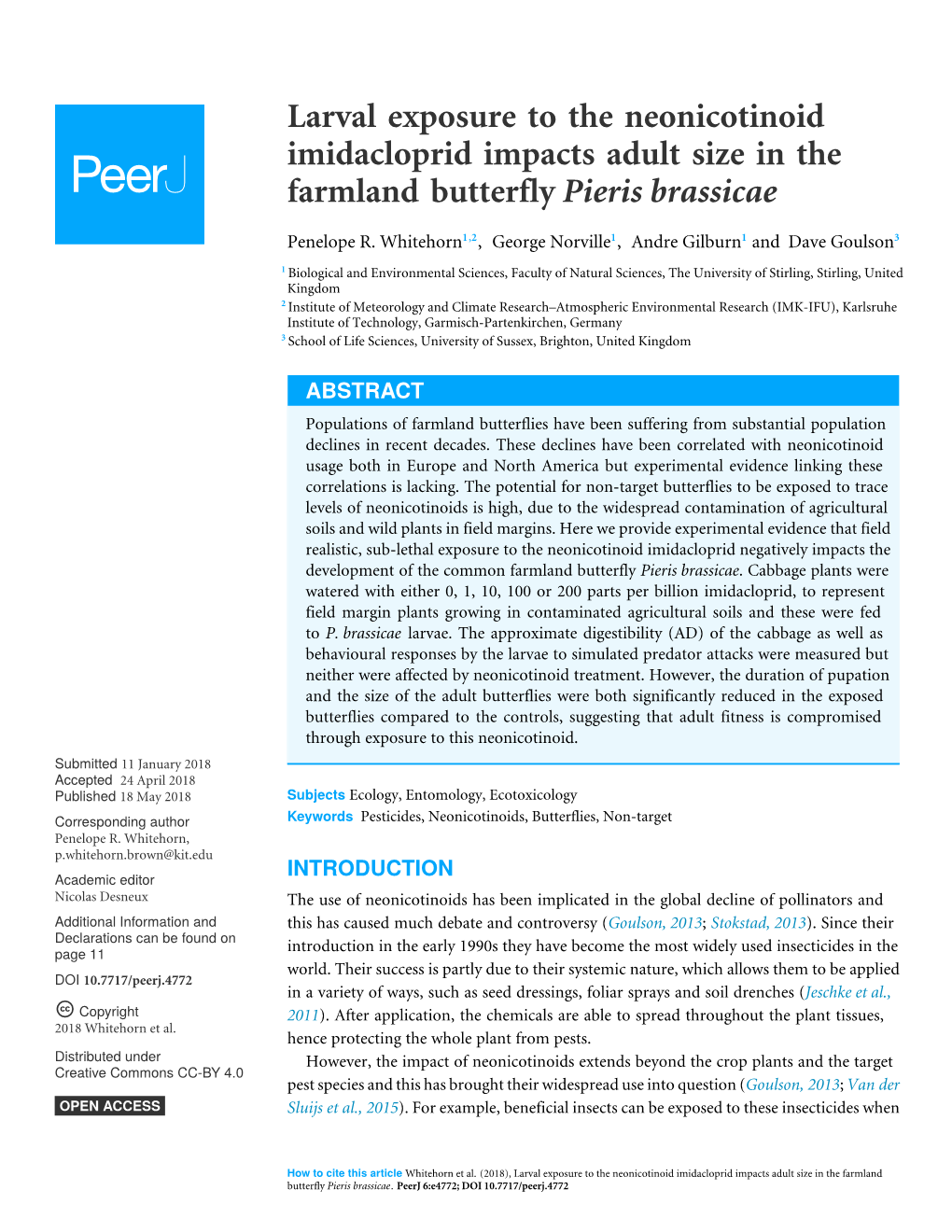 Larval Exposure to the Neonicotinoid Imidacloprid Impacts Adult Size in the Farmland Butterfly Pieris Brassicae