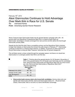 Alexi Giannoulias Continues to Hold Advantage Over Mark Kirk in Race for U.S. Senate To: Interested Parties