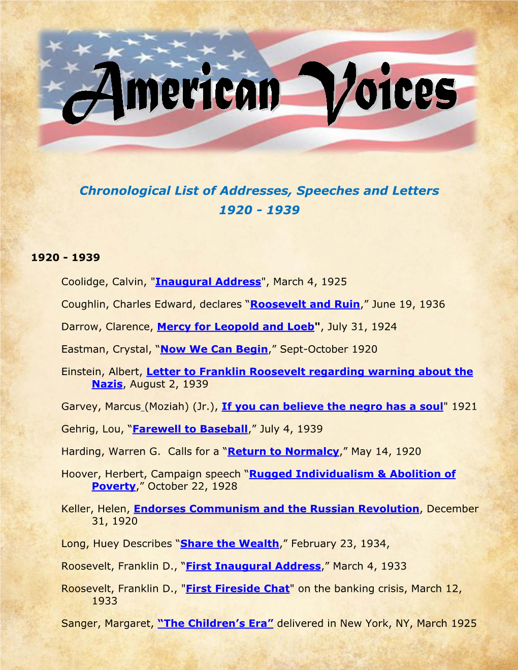 Chronological List of Addresses, Speeches and Letters 1920 - 1939