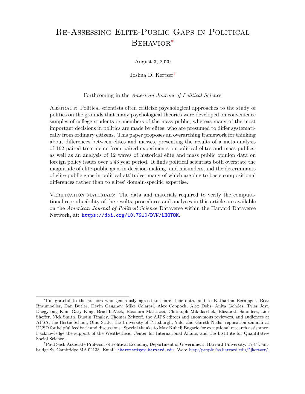 Re-Assessing Elite-Public Gaps in Political Behavior∗