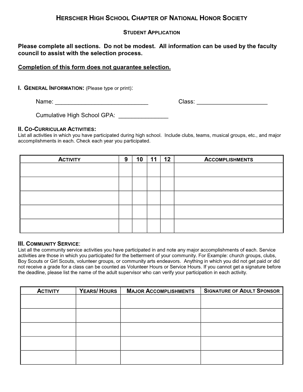 National Honor Society Application