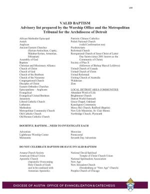 VALID BAPTISM Advisory List Prepared by the Worship Office and the Metropolitan Tribunal for the Archdiocese of Detroit