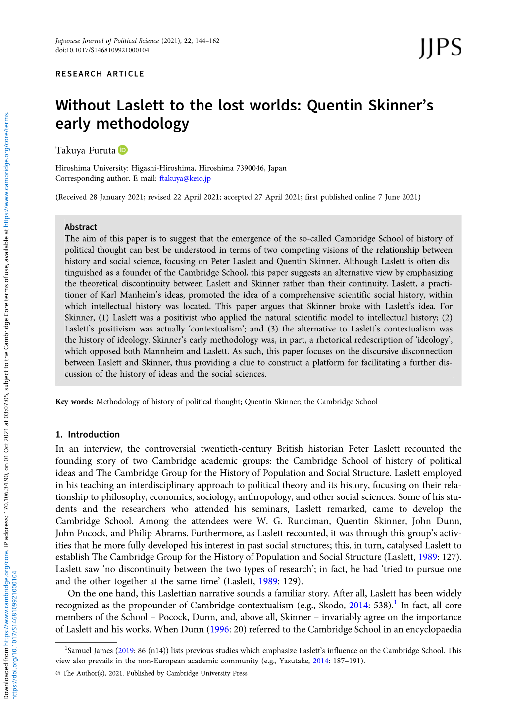 Without Laslett to the Lost Worlds: Quentin Skinner's Early Methodology