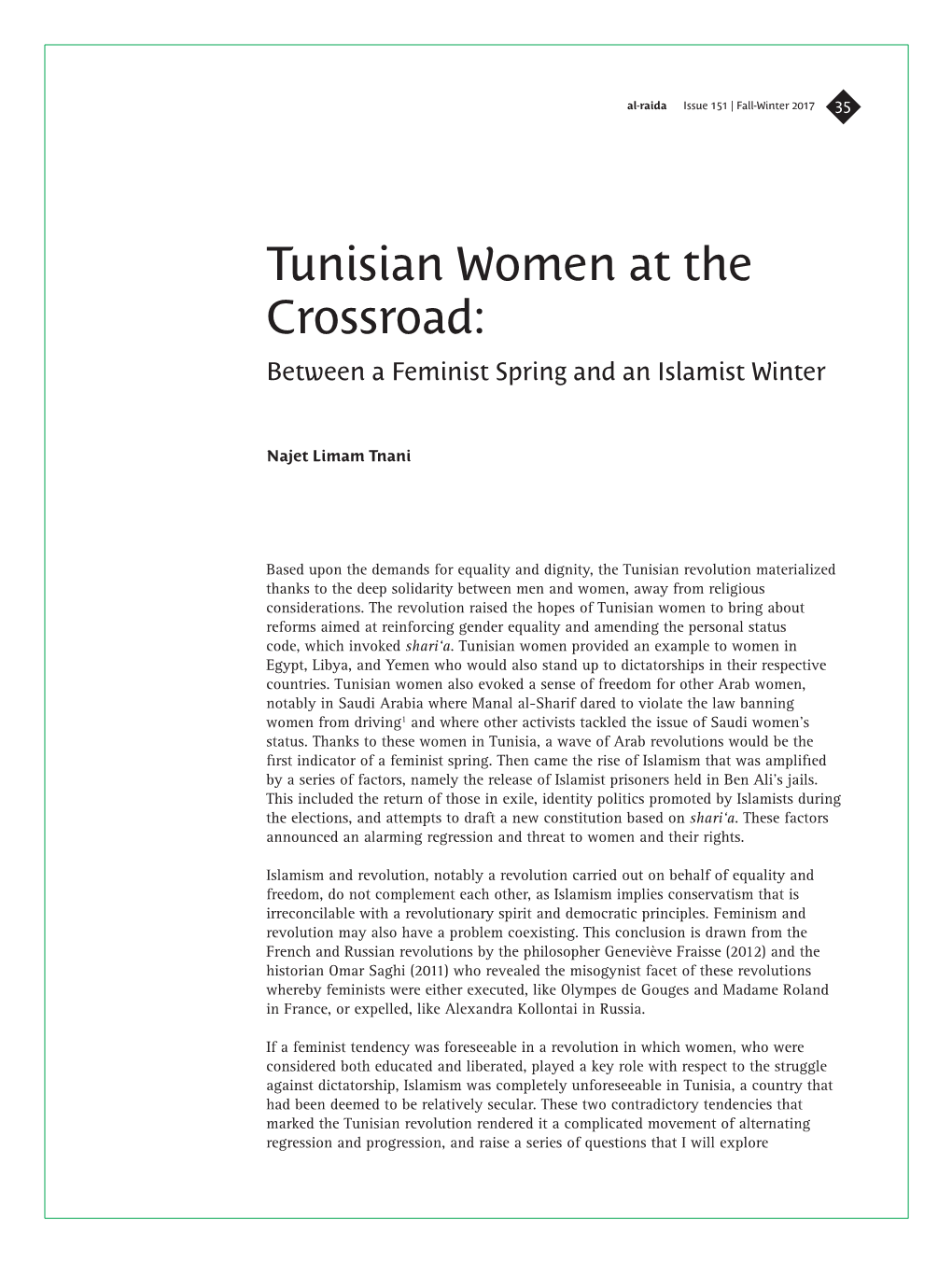 Tunisian Women at the Crossroad: Between a Feminist Spring and an Islamist Winter