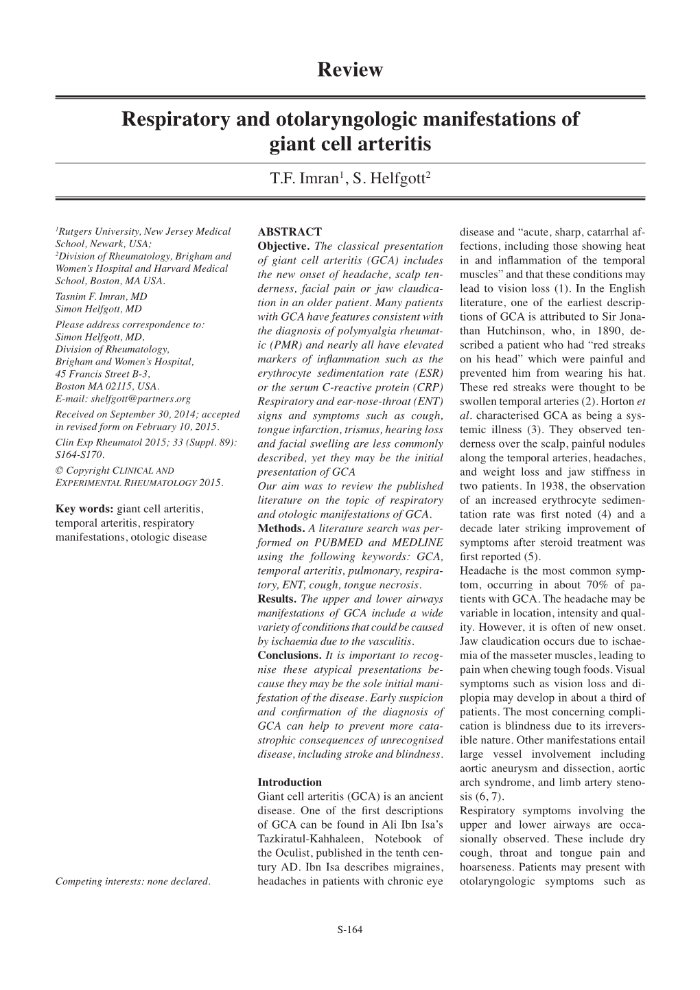 Review Respiratory and Otolaryngologic Manifestations Of