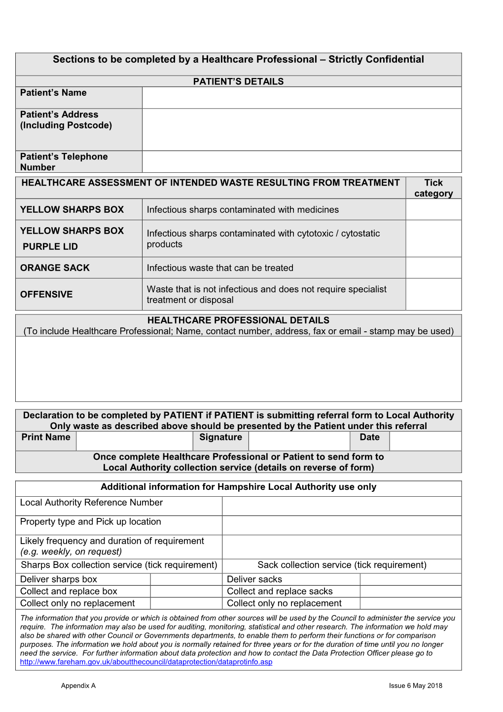 Healthcare Waste Collection Referral Form