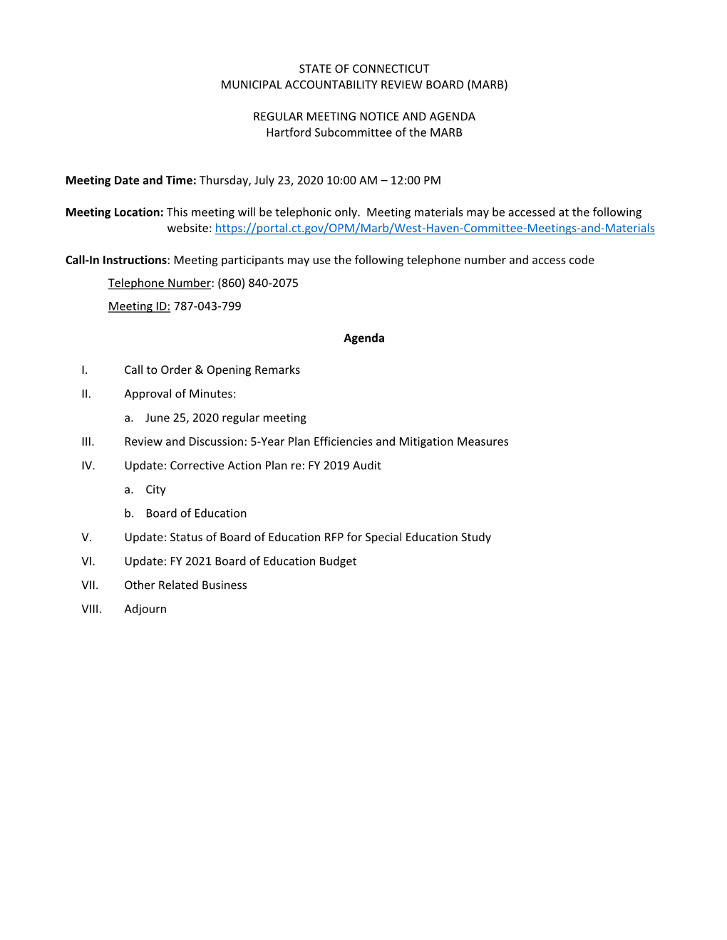 (Marb) Regular Meeting Notice and Agenda
