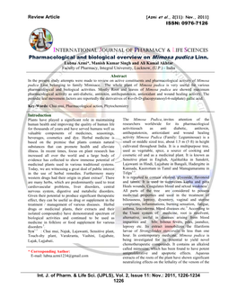 Pharmacological and Biological Overview on Mimosa Pudica Linn