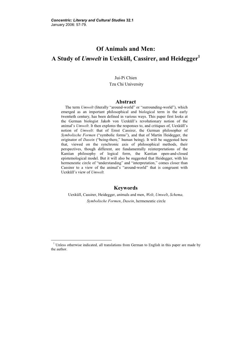 Of Animals and Men: a Study of Umwelt in Uexküll, Cassirer, and Heidegger 1