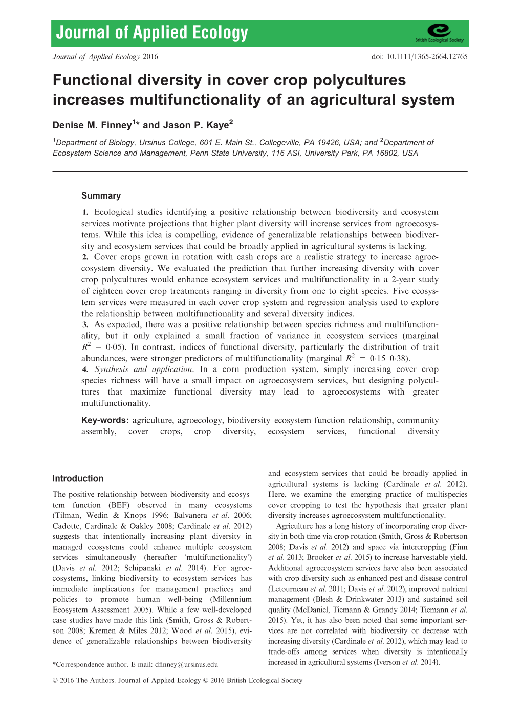 Functional Diversity in Cover Crop Polycultures Increases Multifunctionality of an Agricultural System