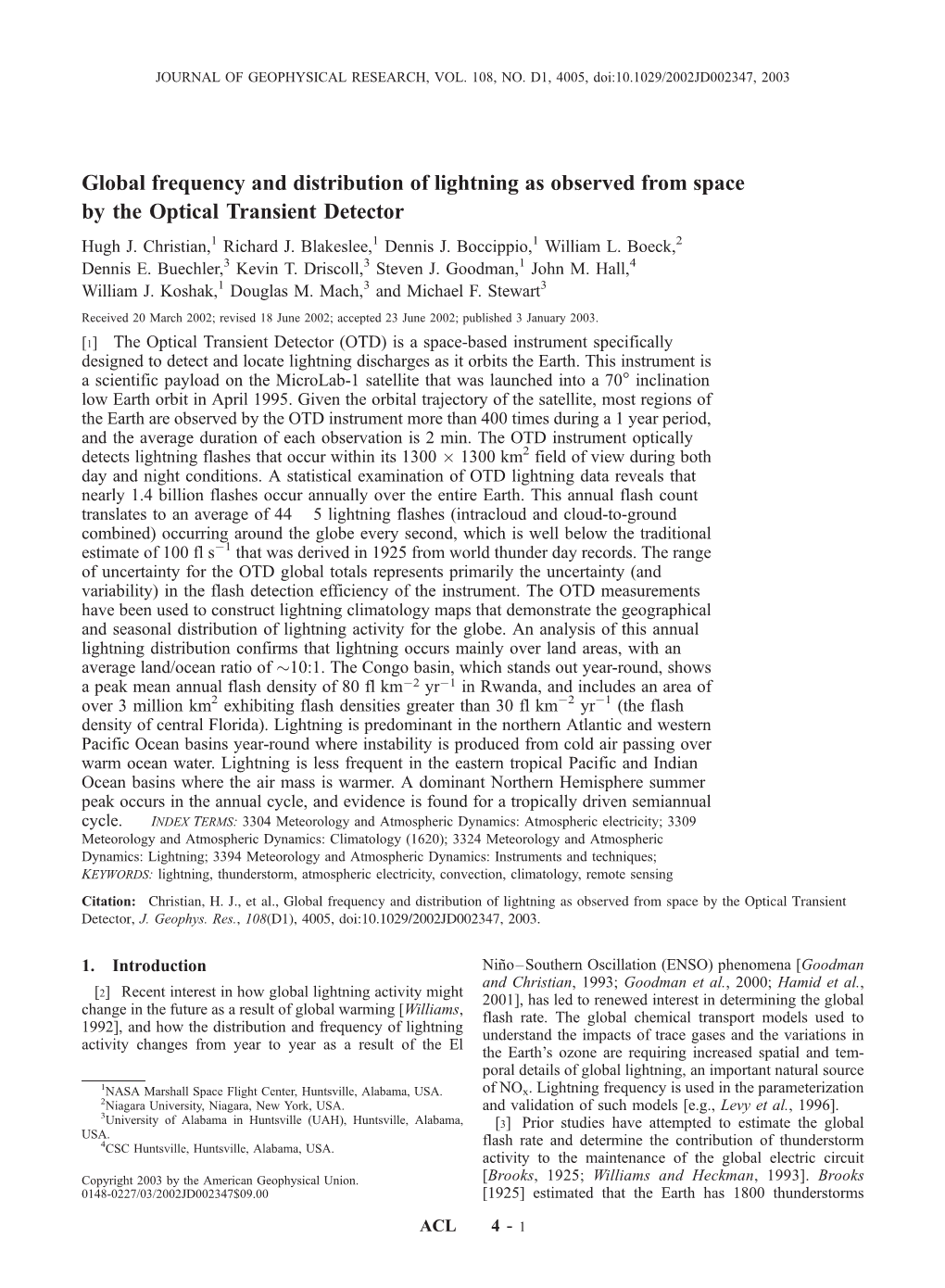 Global Frequency and Distribution of Lightning As Observed from Space by the Optical Transient Detector Hugh J