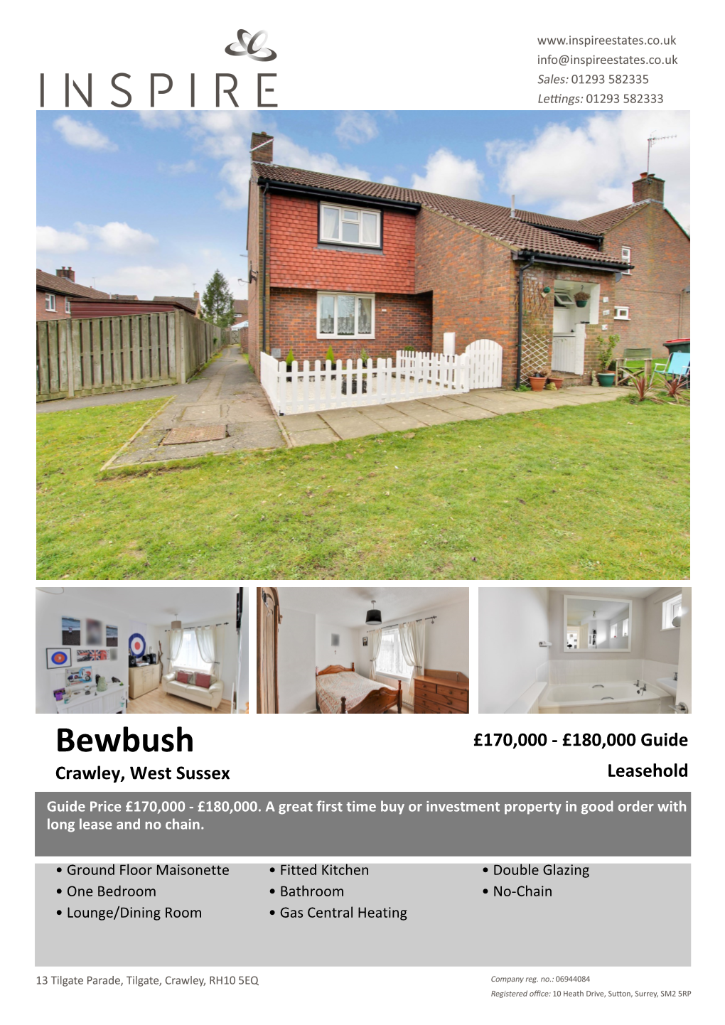 Bewbush £170,000 - £180,000 Guide Crawley, West Sussex Leasehold Guide Price £170,000 - £180,000