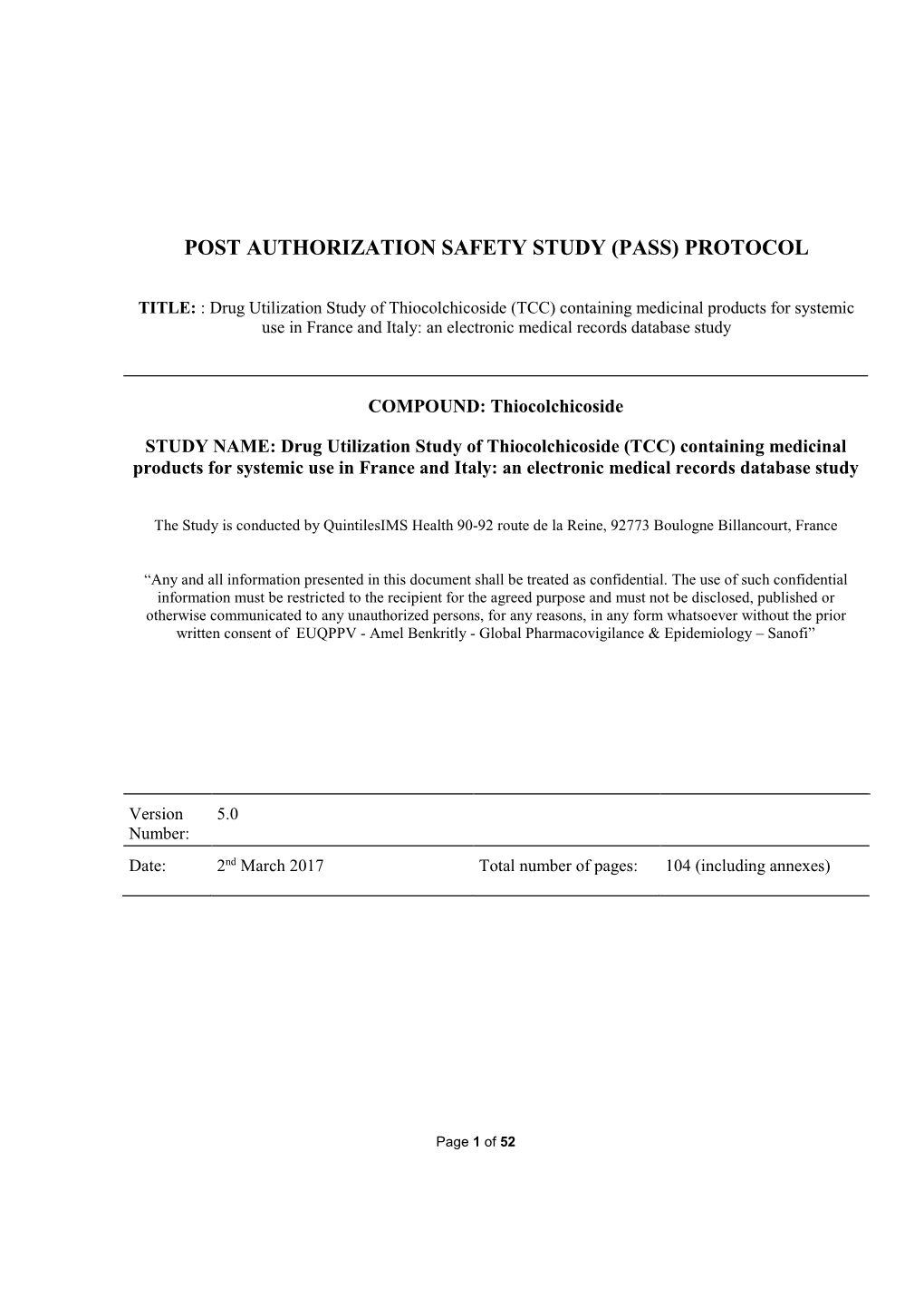 Post Authorization Safety Study (Pass) Protocol