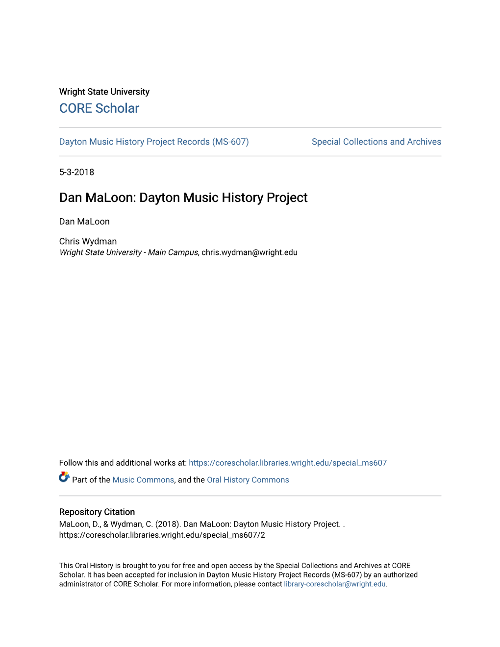 Dayton Music History Project Records (MS-607) Special Collections and Archives