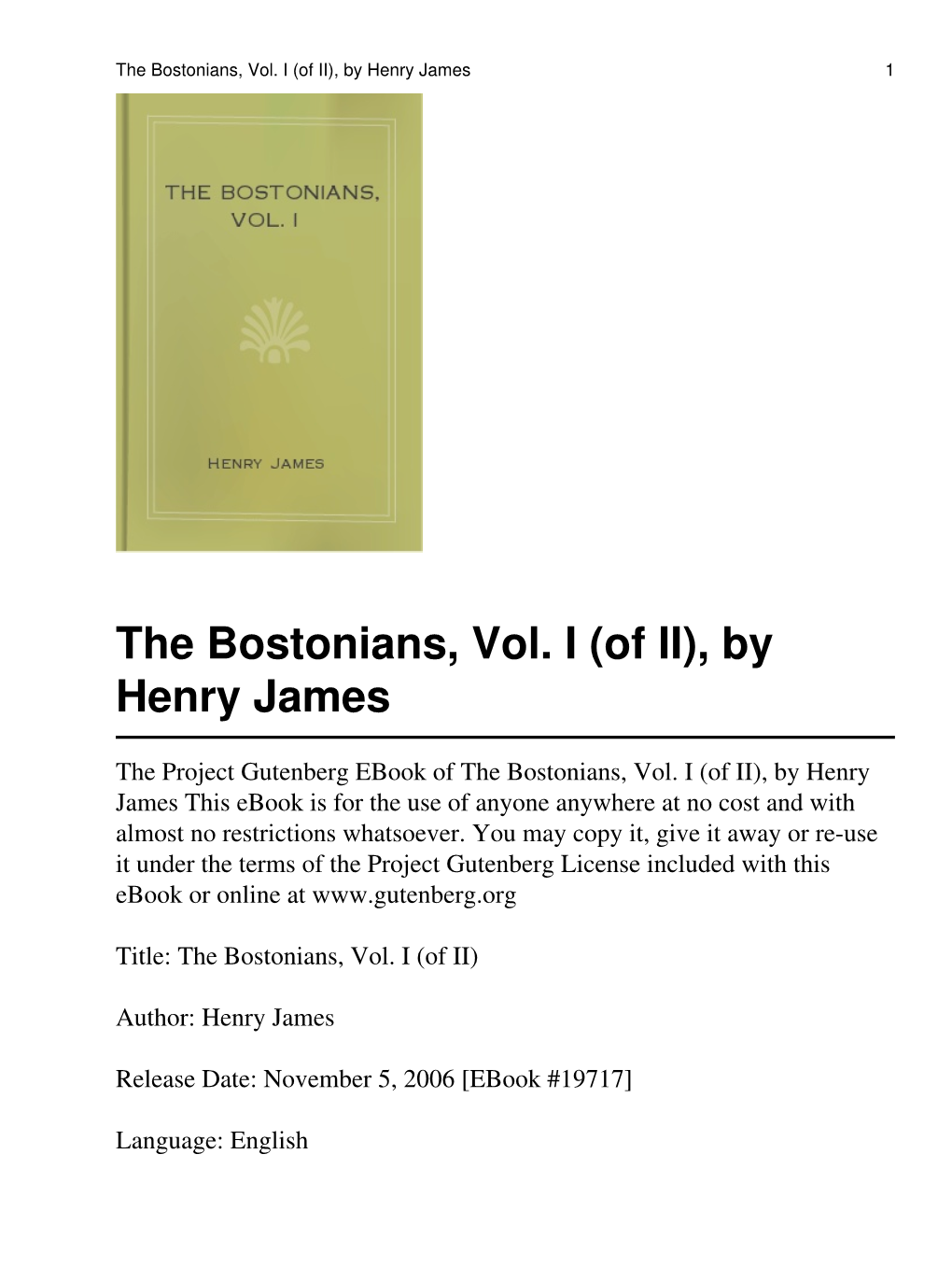 The Bostonians, Vol. I (Of II), by Henry James 1