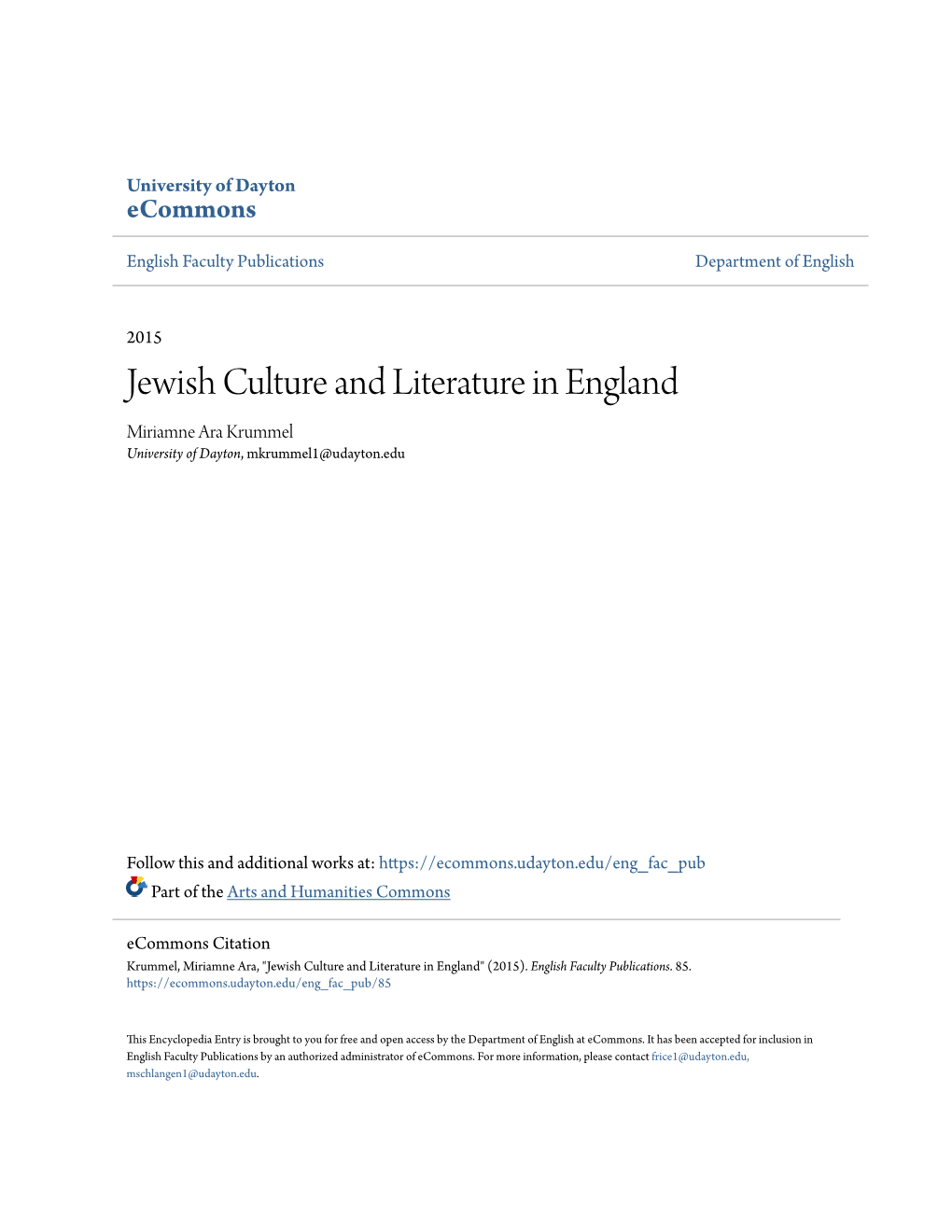 Jewish Culture and Literature in England Miriamne Ara Krummel University of Dayton, Mkrummel1@Udayton.Edu