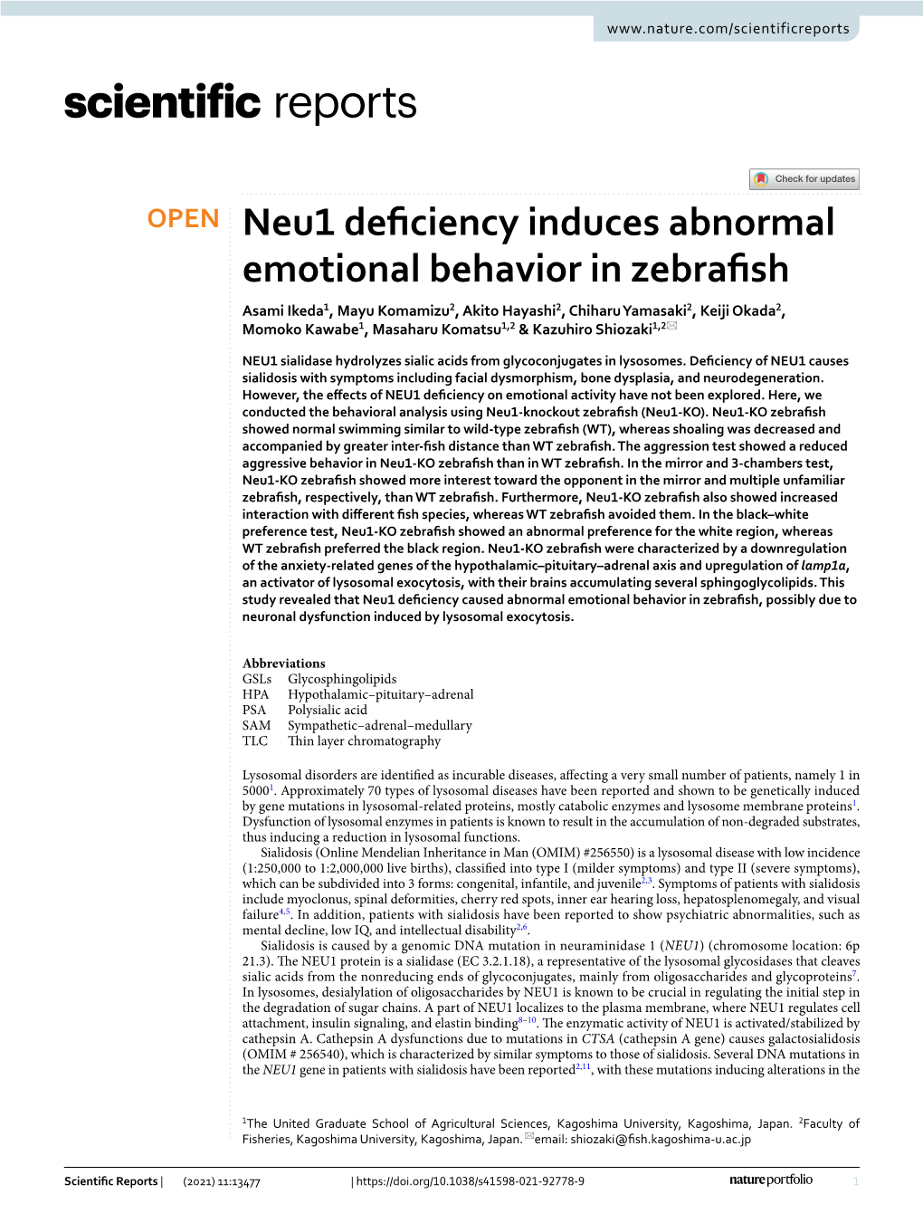 Neu1 Deficiency Induces Abnormal Emotional Behavior in Zebrafish