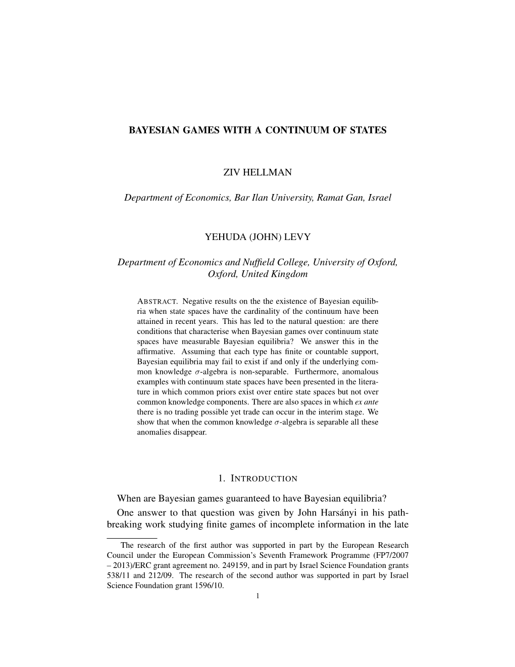 Bayesian Games with a Continuum of States Ziv