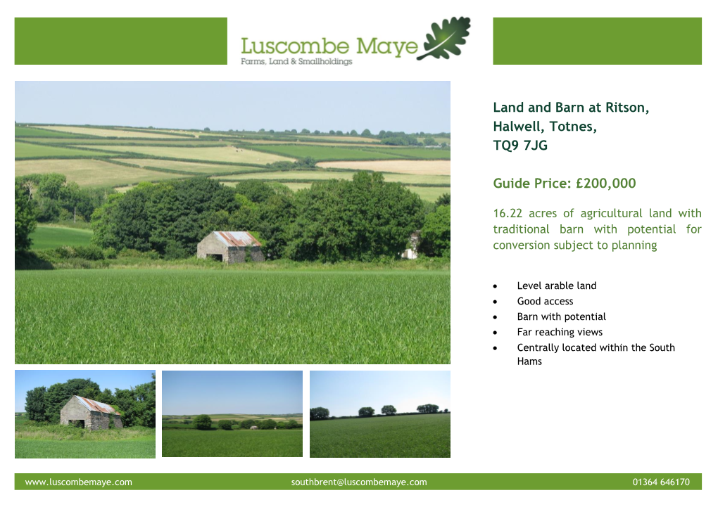 Land and Barn at Ritson, Halwell, Totnes, TQ9 7JG Guide Price
