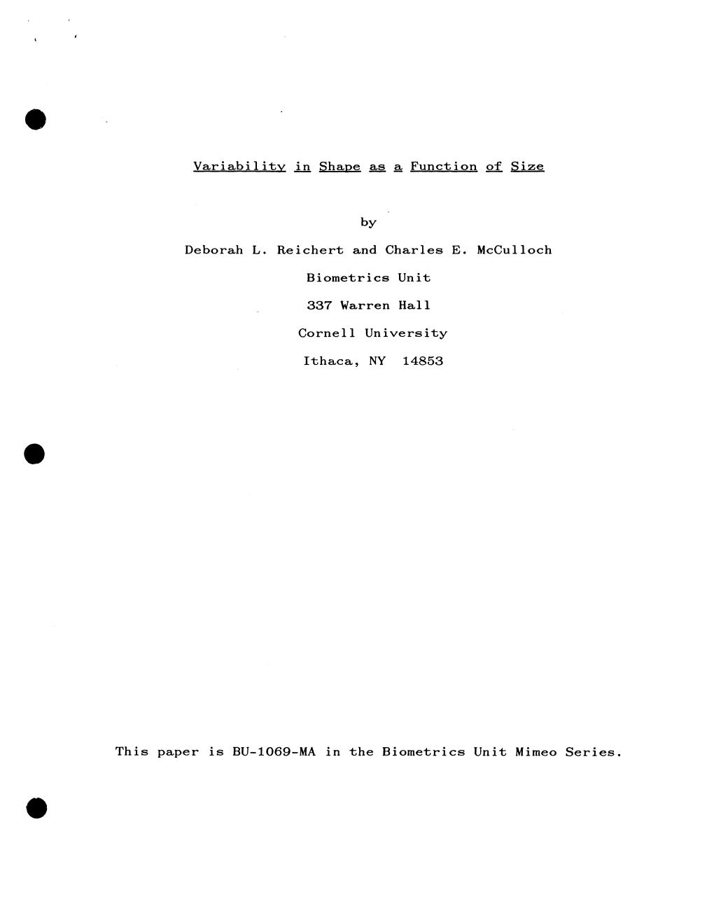 Variability in Shape ~ ~ Function of Size by Deborah L. Reichert And