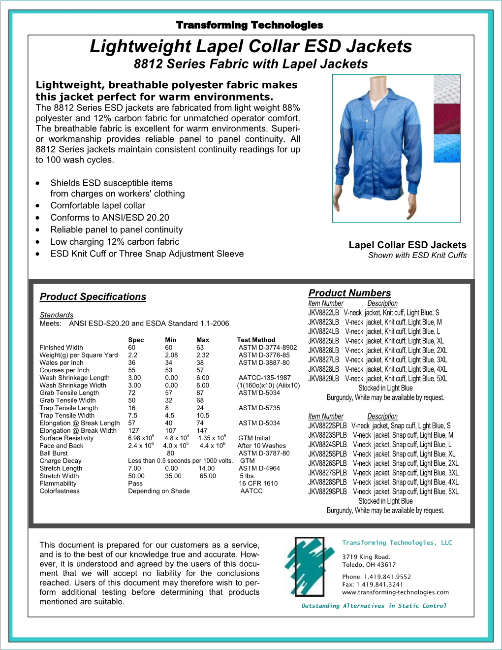 Lightweight Lapel Collar ESD Jackets 8812 Series Fabric with Lapel Jackets Lightweight, Breathable Polyester Fabric Makes This Jacket Perfect for Warm Environments