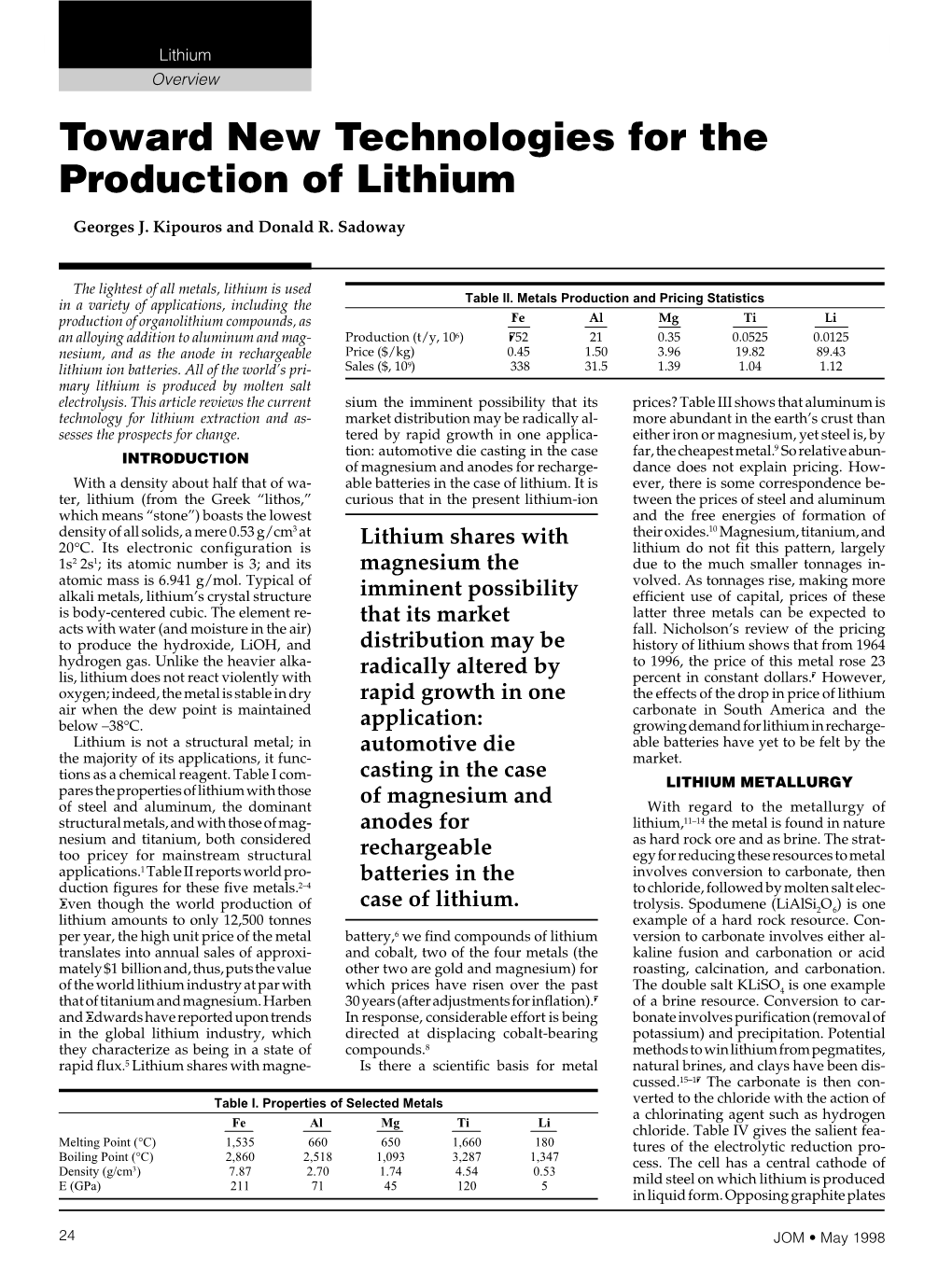 Toward New Technologies for the Production of Lithium