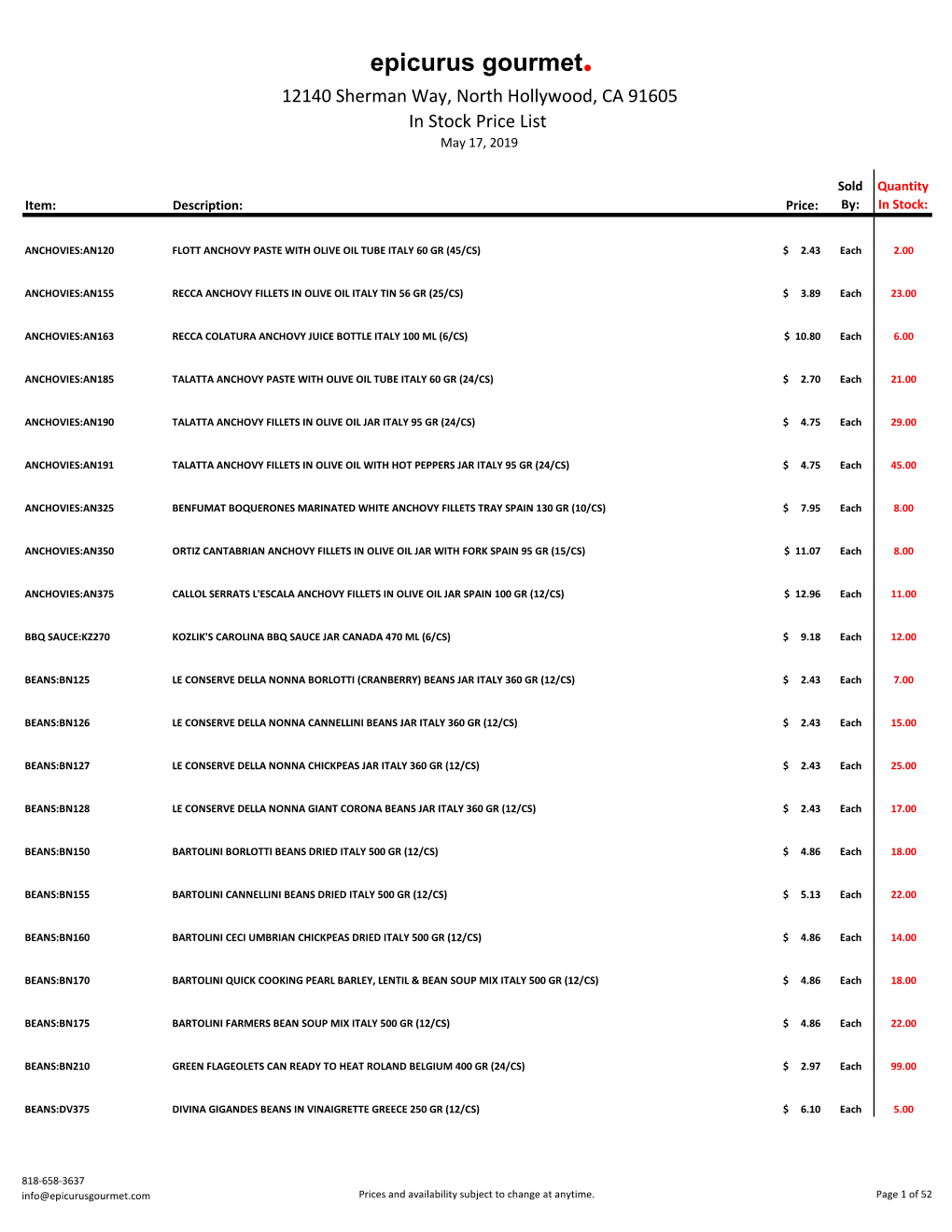 Epicurus Gourmet. 12140 Sherman Way, North Hollywood, CA 91605 in Stock Price List May 17, 2019