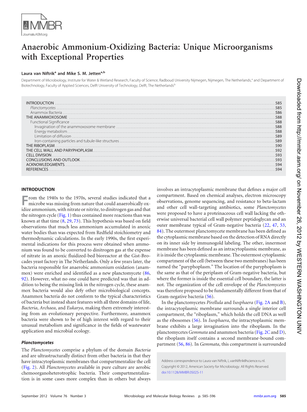 Anaerobic Ammonium-Oxidizing Bacteria: Unique Microorganisms with Exceptional Properties